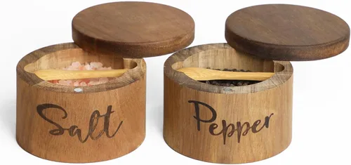 Vista 10 de Cajas de especias de madera de acacia con cubierta giratoria para encimera de cocina, conservador de sal con cuchara integrada, moderno decorador