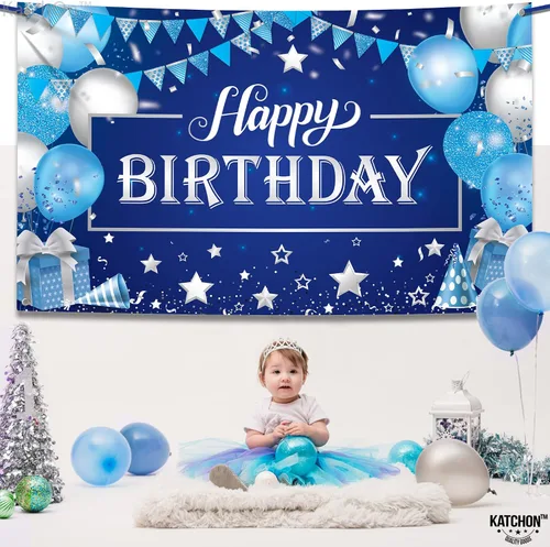 Vista 8 de KatchOn, Cartel grande de feliz cumpleaños plateado y azul - 72 x 44 pulgadas Cartel de pared de feliz cumpleaños para hombres Telón de fondo