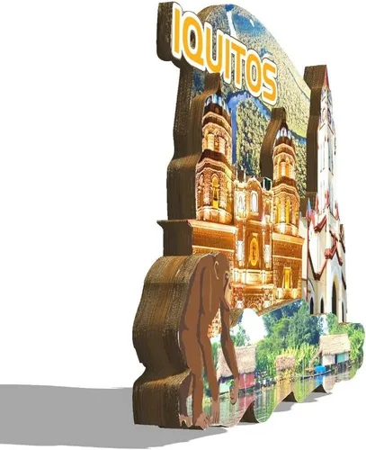 Vista 2 de Imán de madera para nevera Iquitos Perú Monumentos 3D Viajes Coleccionables Recuerdos Decoración Hecho a Mano