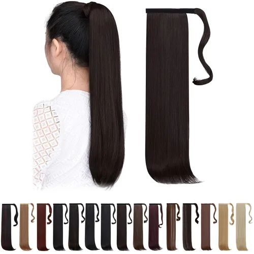 Vista 27 de Extensiones de cola de caballo negras, colas de caballo rizadas con clip, 22 pulgadas, 3.5 onzas, extensión de cabello sintético envolvente del pelo