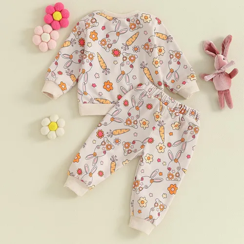 Vista 3 de Conjunto de 2 piezas de sudadera con estampado de conejito de manga larga para bebés, niños y niñas, 2 piezas, ropa de primavera para bebés