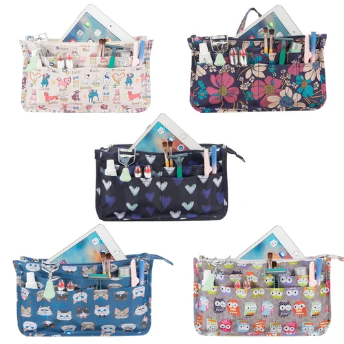 Vista 6 de Micom Organizador de cosméticos extensible, con estampado, asas, 13 bolsillos, para cartera de mujer, L, Swallow