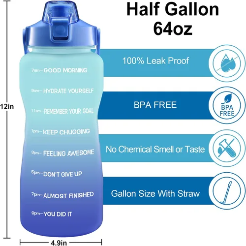 Vista 2 de EYQ Botella de agua potable gratuita sin fugas de 64 oz/128 oz con marcador de tiempo motivacional sin BPA para fitness, gimnasio y deportes al aire
