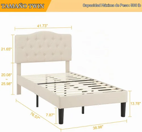 Vista 2 de VECELO Base de cama de plataforma de tamaño individual con cabecera tapizada de tela y soporte de listones de madera, no necesita somier/fácil Beige