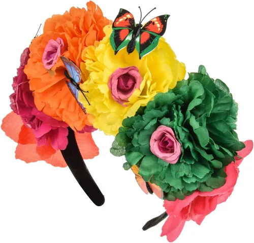 Vista 12 de DreamLily Frida Kahlo NC26 - Diadema con corona de rosas mexicanas para disfraz de fiesta de Halloween