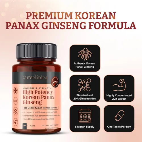 Vista 4 de Pureclinica Panax Ginseng coreano de alta potencia 10,000 mg x 180 tabletas - 6 meses de suministro