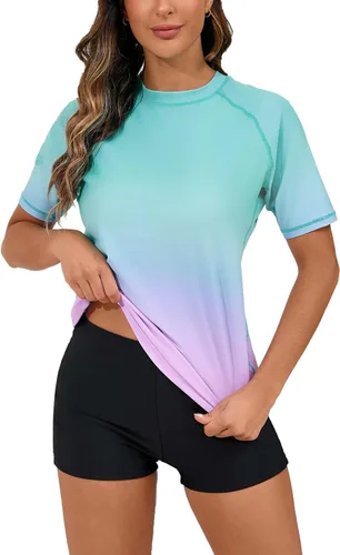 Vista 8 de Halcurt Conjunto de protección solar de manga corta de dos piezas para mujer, con UPF 50, camiseta de baño con pantalones cortos de tabla de surf