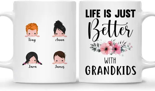 Vista 14 de Gossby Taza personalizada Life is Better With GrandKIDS (1 niño), taza personalizada de regalo para abuelos con avatares de nietos, nombres, 11