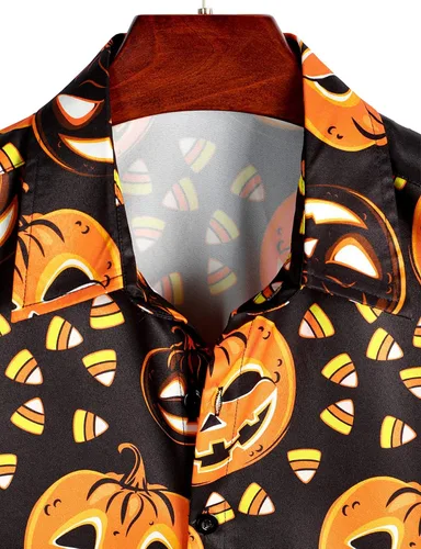 Vista 3 de VATPAVE Camisas de manga corta con botones de calabaza de Halloween para hombre