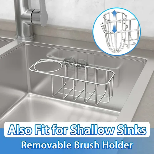 Vista 7 de HULISEN Soporte de esponja 3 en 1 para fregadero de cocina con soporte para cepillo de platos, organizador de acero inoxidable para jabón, fregador
