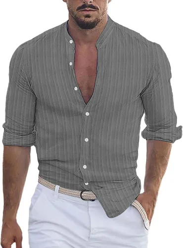 Vista 12 de Camisa de lino de algodón para hombre, manga larga con botones, cuello alto con bandas para playa y verano