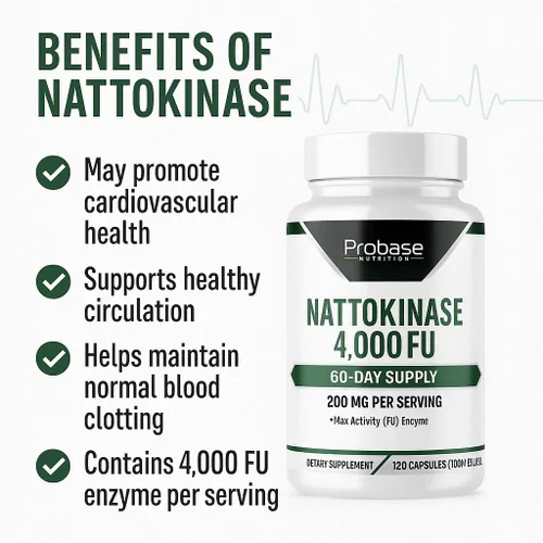 Vista 4 de Probase Nutrition Suplemento de nattoquinasa 4,000 porciones FU, 120 cápsulas (derivadas de Natto japonés) Enzimas sistémicas para apoyo