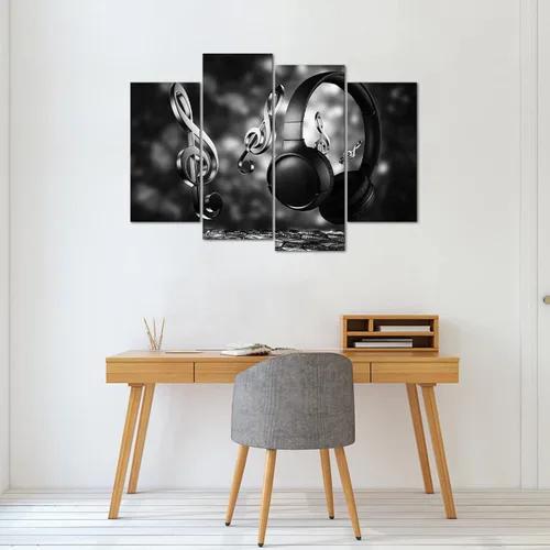 Vista 4 de 4 paneles de auriculares inalámbricos, lienzo, arte de pared, notas en blanco y negro, pintura con auriculares HD, carteles fotográficos para sala