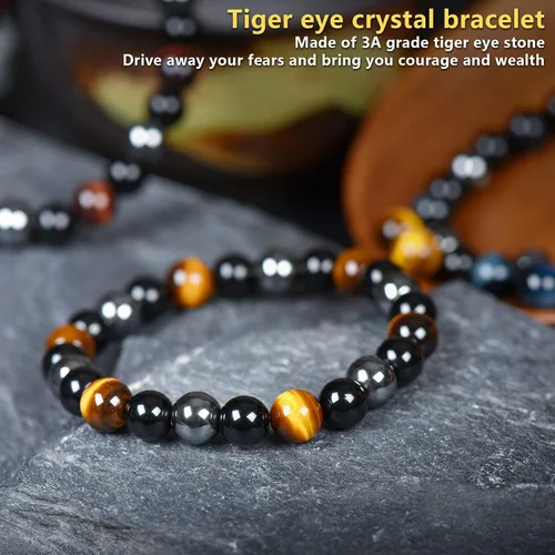 Vista 11 de SAMXY Triple Protection Bracelet, 8mm Healing Crystal Bead Bracelet, 3pcs Blue Red Tiger's Eye Obsidian Hematite Bracelet Women Men