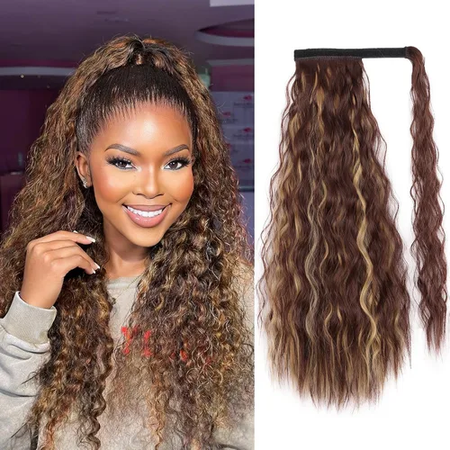 Vista 14 de Extensión de cola de caballo larga con ondas de maíz, pasta mágica, resistente al calor, ondulada, sintética, envolvente, extensión de cola