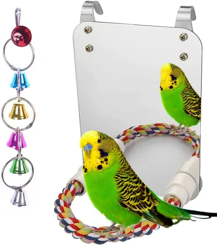 Vista 7 de Espejo de pájaro con perca y comedero, juguetes de madera para pájaros jaula de pájaros, accesorios para loros para gastar energía, juguetes