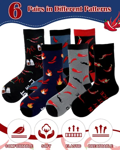 Vista 3 de Haysandy 6 pares de calcetines divertidos de comida para hombres, calcetines de algodón novedosos, regalo de Navidad para pimientos, tocino, perros
