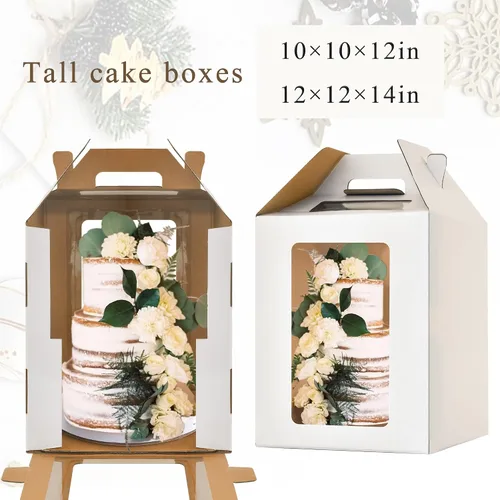 Vista 4 de Cajas Altas para Pasteles de Niveles, 10x10x12 y 12x12x14 Cajas para Pasteles de Niveles con Ventana, Portador de Pasteles Altos de 8in 10in 12in