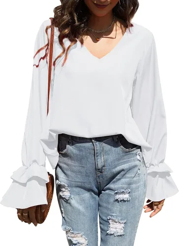 Vista 3 de LYANER Blusa casual de manga larga con cuello en V y volantes para mujer