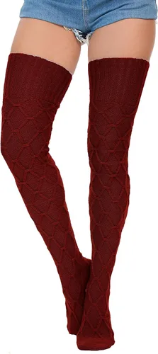 Vista 2 de YELAIVP Calcetines altos de punto trenzado para mujer, calcetines por encima de la rodilla, calentadores de piernas extra largos