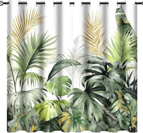 Vista 34 de Cortinas abstractas de hojas tropicales, acuarela tropical, hojas de palma, verano hawaiano, plátano, aislamiento térmico, cortinas completas