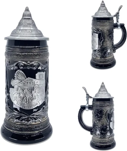 Vista 3 de OktoberfestHaus Oktoberfest Stein Bier Krug Stein Bier Krug - Jarra de cerámica negra con medallón de metal de caballos de tiro alemanes y vagón