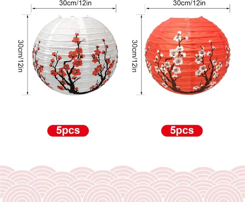 Vista 2 de Hoypeyfiy Paquete de 10 linternas de papel de flor de cerezo, 12 pulgadas, linternas japonesas Sakura rojas y blancas, linternas de papel redondas