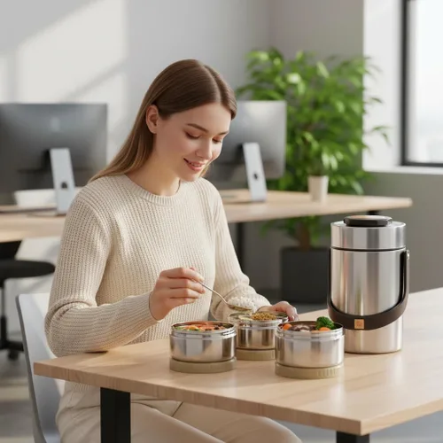 Vista 3 de Lonchera de boca ancha para comida caliente de 77.8 onzas, tarro de almuerzo para alimentos calientes con contenedor apilable de 3 capas, juego