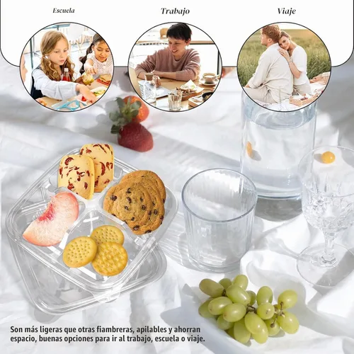Vista 7 de Paquete de 20 recipientes transparentes Bento para aperitivos, 4 compartimentos con tapas Clear Divided Food Storage Containers, 6.3X6.3X2.36In