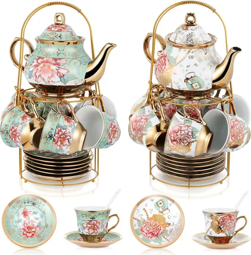 Vista 21 de Zhehao Juego de té de porcelana de 20 piezas con soporte de metal y cuchara para adultos, juego de té de cerámica para adultos, pintura de flores