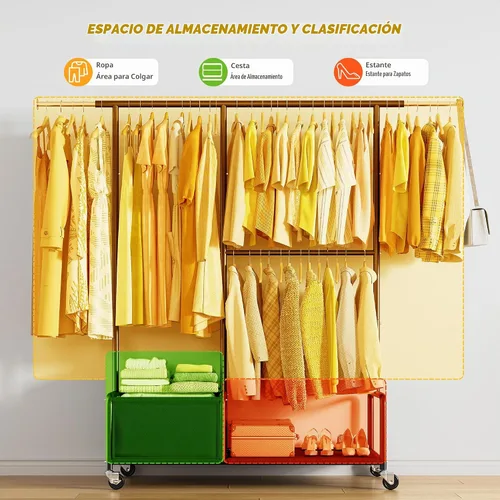 Vista 4 de Raybee Percheros para colgar ropa, perchero ajustable con ruedas bloqueables, estantes de almacenamiento, estante multifuncional para dormitorio