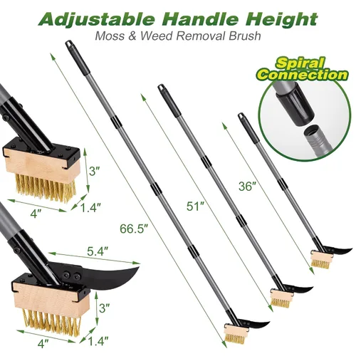 Vista 8 de Walensee Cepillo 3 en 1 para eliminar grietas y musgo con mango ajustable de 66.5 pulgadas, extractor de malezas con 2 cabezales de cepillo