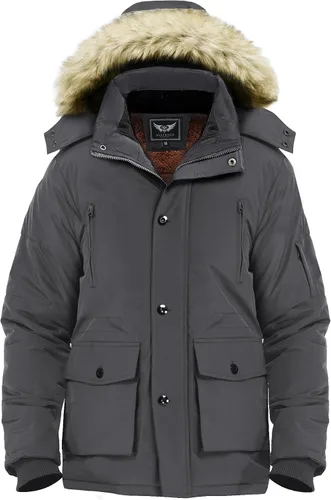 Vista 6 de JYG - Chaqueta de invierno gruesa para hombre, parka acolchada con capucha extraíble de piel sintética Negro