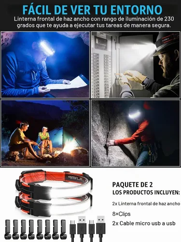 Vista 6 de Linterna de cabeza LED Spriak recargable, faro de 1000 lúmenes con haz amplio de 230°, linterna de cabeza recargable por USB con luz trasera roja