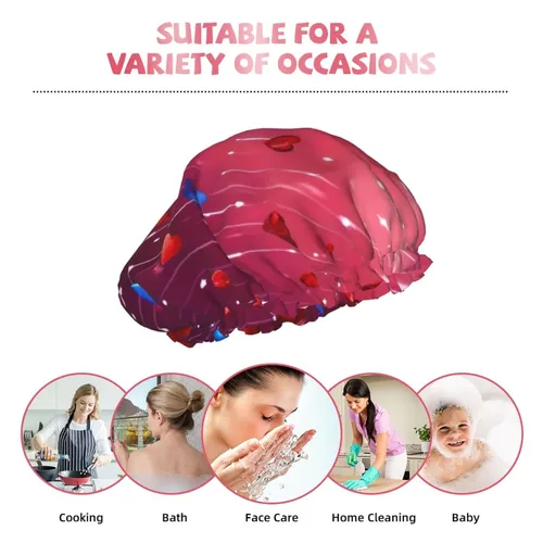 Vista 9 de Gorro de ducha con estampado de corazón abstracto, elástico y reutilizable, gorro de ducha grande impermeable, para mujeres, hombres y niños