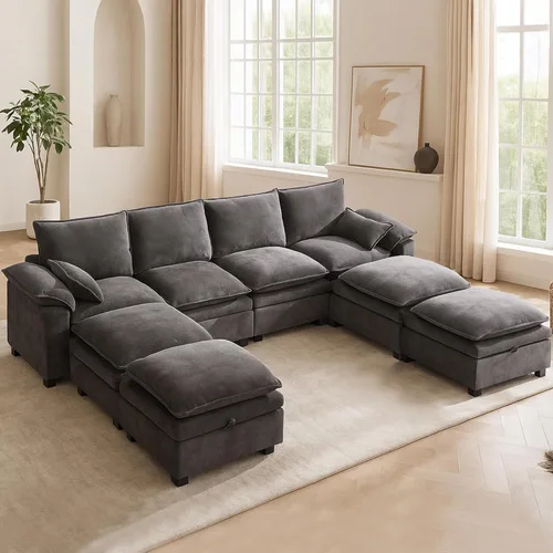 Vista 18 de Juego de sofá modular grande en forma de U – Sofá de nube de gran tamaño de 4 plazas para sala de estar, sofás grandes y cómodos de tela