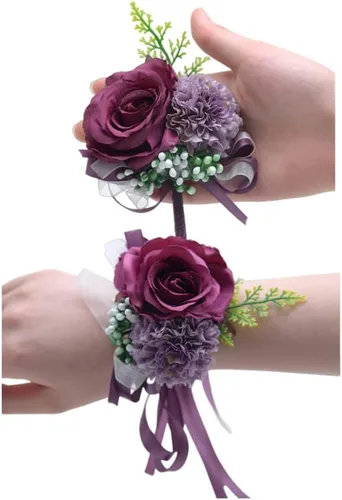 Vista 4 de Rikyo Juego de 2 ramilletes de muñeca de flores de rosas y flores de seda para novia y novio, decoración de pasteles y fiestas (verde negruzco)