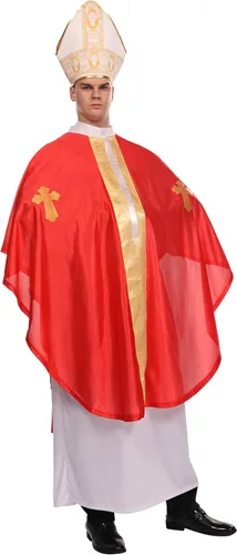 Vista 3 de Maxim Party Supplies Disfraz de Halloween para adultos, disfraz de cardenal católico bíblico para hombres, incluye bata blanca, poncho papal rojo