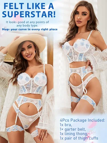 Vista 2 de popiv Conjunto de lencería floral para mujer, brasier y calzón con liguero de encaje, Blanco
