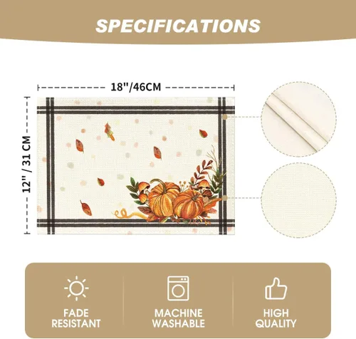 Vista 5 de Artoid Mode Juego de 2 manteles individuales de otoño y hojas de calabaza, 12 x 18 pulgadas, para decoración de fiestas, cocina, comedor