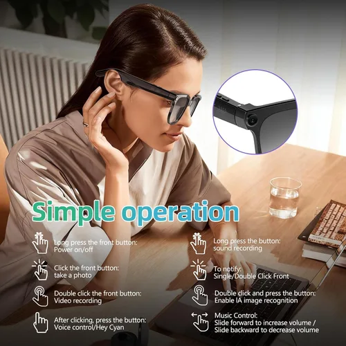 Vista 4 de Lentes inteligentes AI con cámara, 8MP HD Bluetooth gafas con reducción de ruido ENC, lentes reemplazables, control de voz, reproducción de música