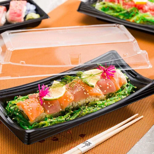 Vista 3 de Restaurantware Roku - Bandejas de sushi de 9.75 x 4.75 pulgadas, 100 recipientes desechables para sushi con tapas, recipientes largos
