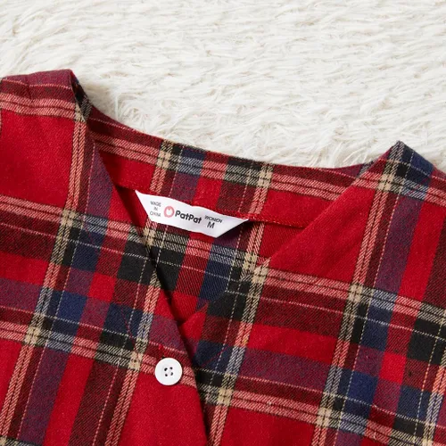 Vista 2 de PATPAT Conjuntos familiares a juego para mamá y yo, vestidos de falda y camisa a cuadros para parejas, conjuntos de manga larga con bolsillos