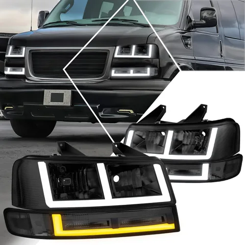 Vista 10 de PM PERFORMOTOR [4 piezas] Faros LED DRL en forma de E + lámparas de parachoques compatibles con Chevy Express 03-24/GMC Savana, carcasa