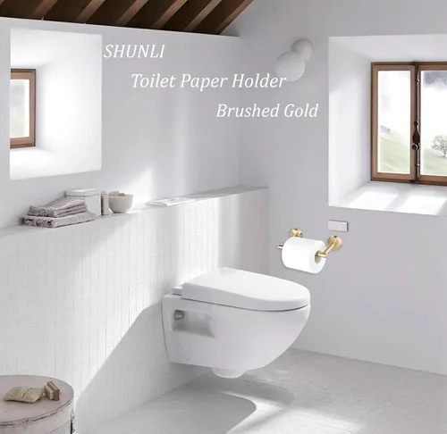 Vista 2 de Soporte de papel higiénico dorado cepillado para baño, soporte de rollo de papel higiénico giratorio de doble poste, soporte de TP desmontable
