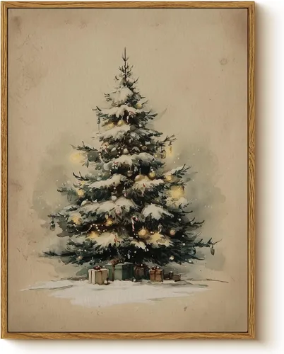 Vista 14 de Arte de pared con trineo, árbol navideño y cajas de regalo, 12 x 16 pulgadas, lienzo enmarcado de Navidad, cuadro rústico festivo, obra de arte