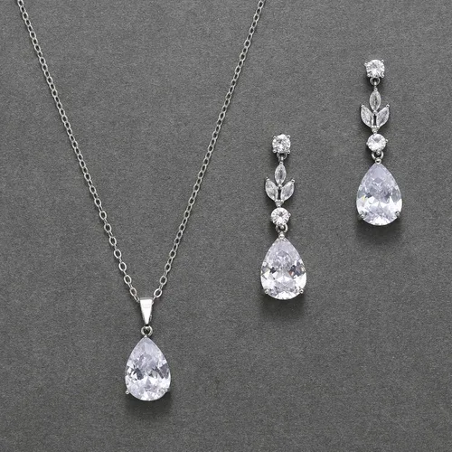 Vista 5 de SWEETV Juego de joyas de boda de lágrima para mujeres, novias, damas de honor, collar de novia de cristal, aretes de gota, disfraz de graduación