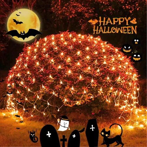 Vista 2 de JMEXSUSS Guirnalda de luces LED naranja de Halloween y luces de red para exteriores, cable transparente, 8 modos, impermeable, guirnalda de luces