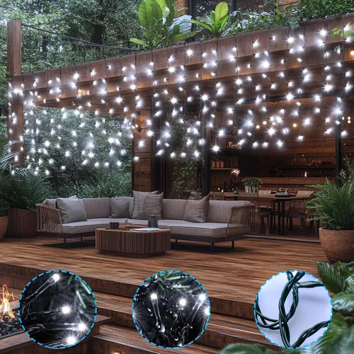 Vista 2 de DBFAIRY Cortina de luces solares, 13 x 3.3 pies, 200 luces LED solares para exteriores, impermeables, cable verde con 8 modos para decoración