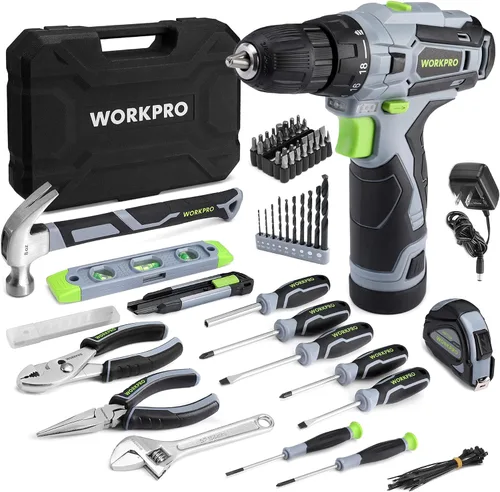 Vista 10 de WORKPRO Juego de herramientas rosa con taladro eléctrico, kit de taladro rosa portátil de 108 piezas para damas para el hogar con caja